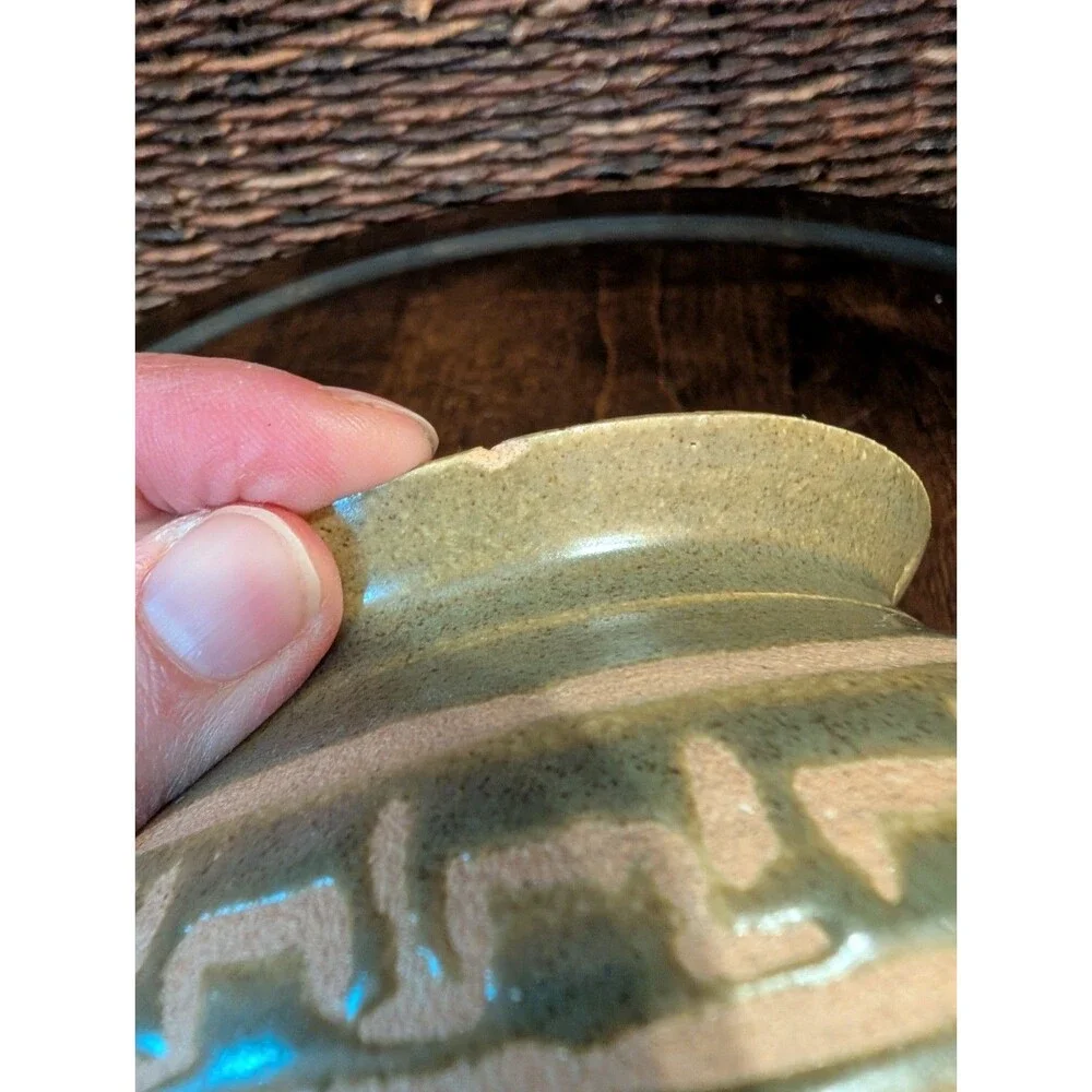 Art Pottery Vase Artist Signed Glaze over Clay Green Aztec Boho Southwestern